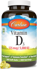 Carlson - Vitamina D3 5000 UI (125 mcg), 360 Cápsulas Blandas para la Salud Ósea y Muscular