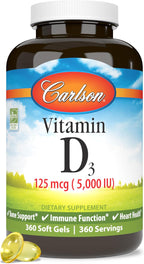 Carlson - Vitamina D3 5000 UI (125 mcg), 360 Cápsulas Blandas para la Salud Ósea y Muscular