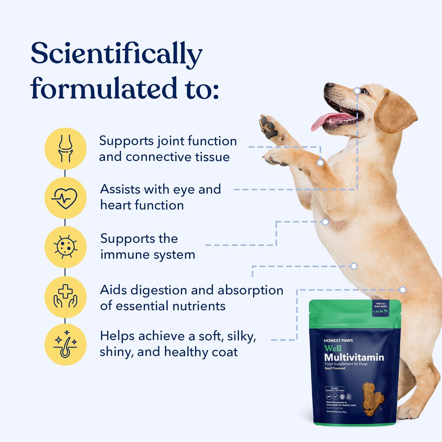 Honest Paws Multivitamínico para Perros - 90 Golosinas Blandas con Glucosamina, Condroitina y Omega-3 - Sabor a Carne de Res