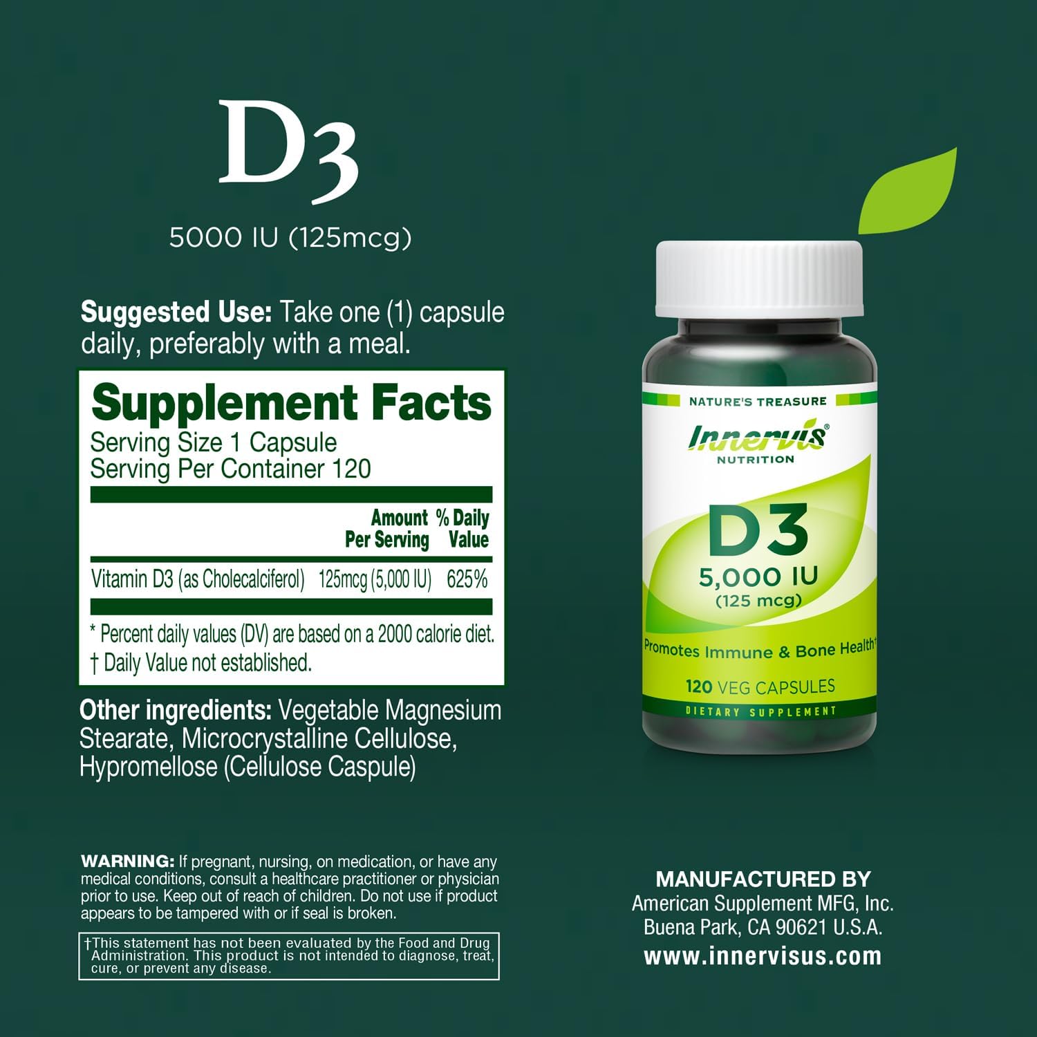 Vitamina D3 5000 IU – 120 Cápsulas Vegetales – Innervisnutrition