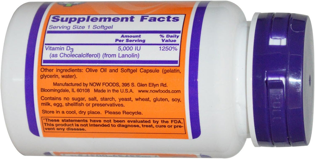 NOW Foods Vitamina D-3 5000 IU 240 Cápsulas Blandas (Paquete de 2)