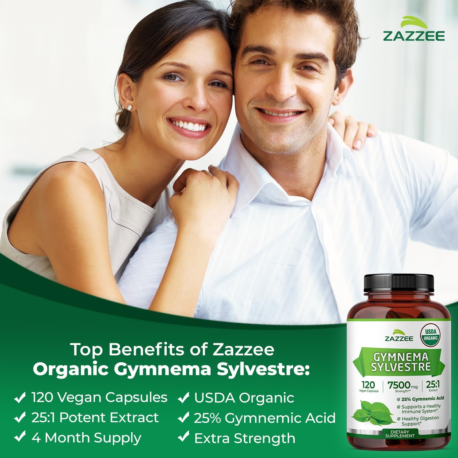 Zazzee USDA Organic Extracto de Gymnema Sylvestre 25:1, 25% Ácido Gimnémico, 120 Cápsulas Veganas