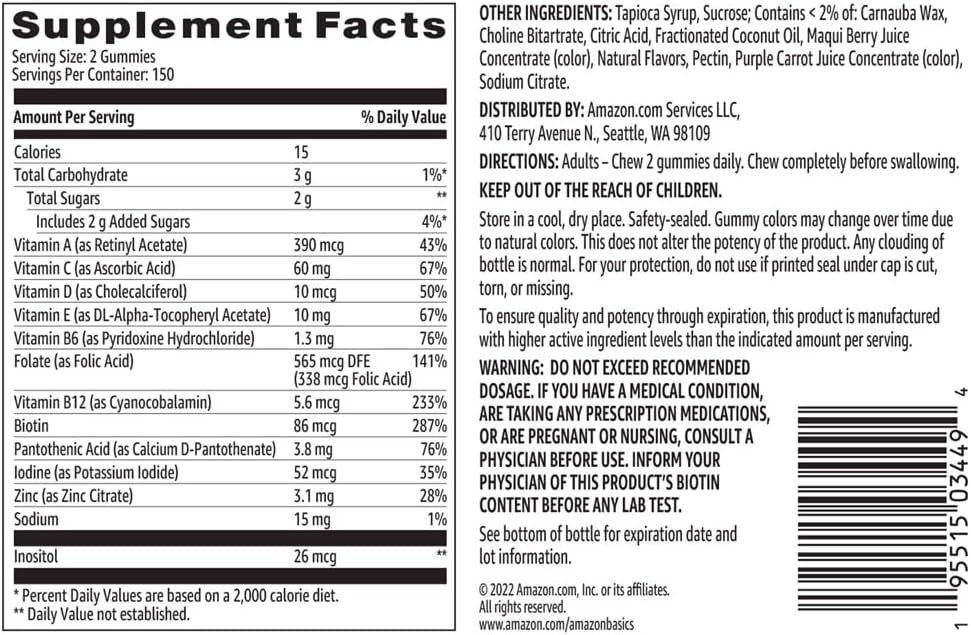 Multivitamínico en Gominolas para Adultos, Sabores Frutos del Bosque y Cereza, 300 Gominolas (2 Envases de 150)
