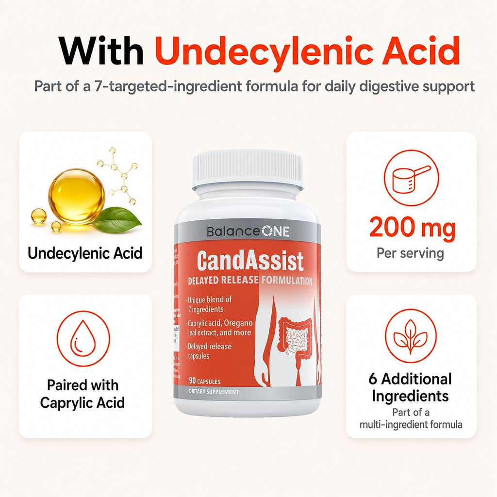 Balance ONE CandAssist – Suplemento de Apoyo Digestivo con Ácido Caprílico – 90 Cápsulas de Liberación Retardada