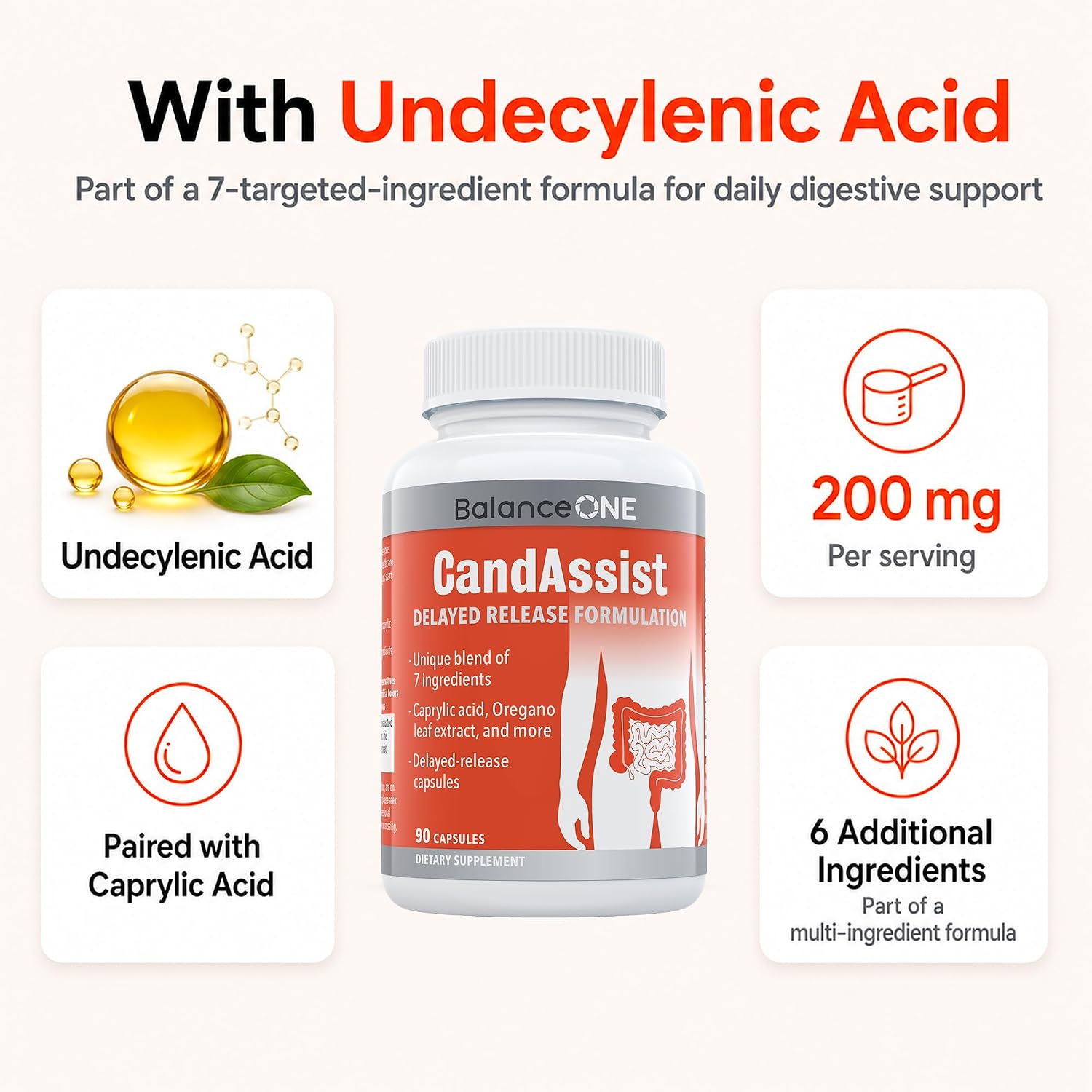 Balance ONE CandAssist – Suplemento de Apoyo Digestivo con Ácido Caprílico – 90 Cápsulas de Liberación Retardada