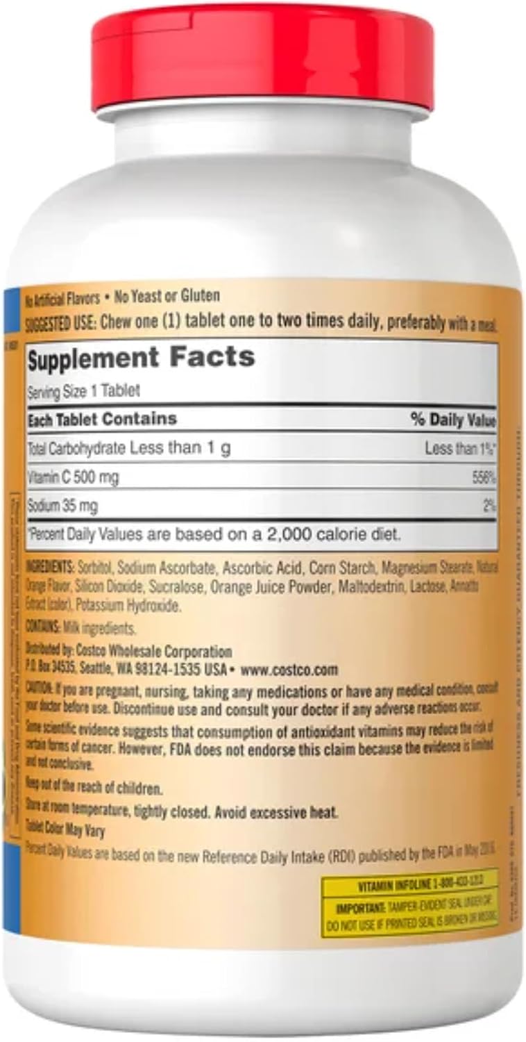 Kirkland Signature Vitamina C Masticable 500 mg Sabor Naranja - 500 comprimidos
