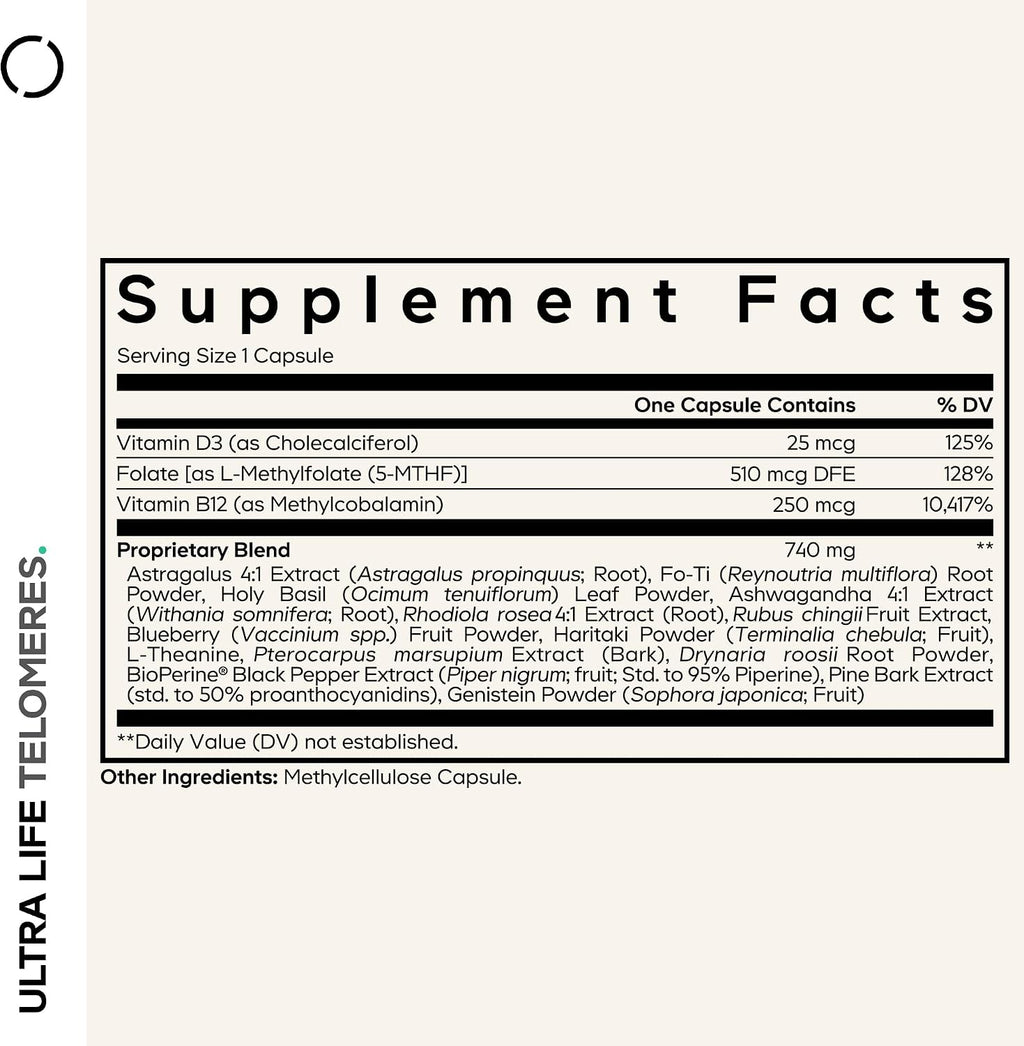Codeage Ultra Life Telómeros - Suplemento con 5-MTHF, Vitamina B12 Metilcobalamina y Hierbas Adaptógenas - 90 Cápsulas