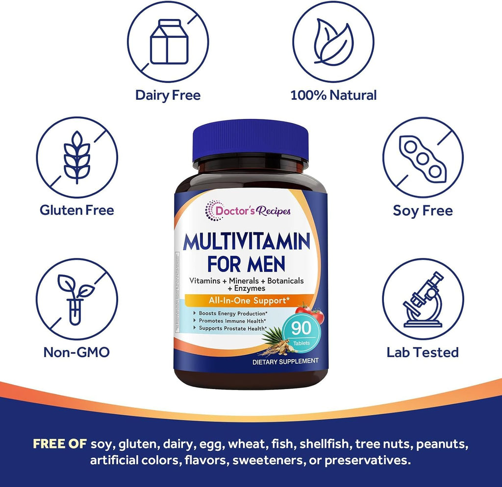 Doctor's Recipes Multivitamínico para Hombres, Complejo Diario Completo con Licopeno, Saw Palmetto, Vitaminas A, B6, B12, C, D, E, Zinc y Más, Salud del Corazón, Energía, Próstata e Inmunidad, 90 Comprimidos