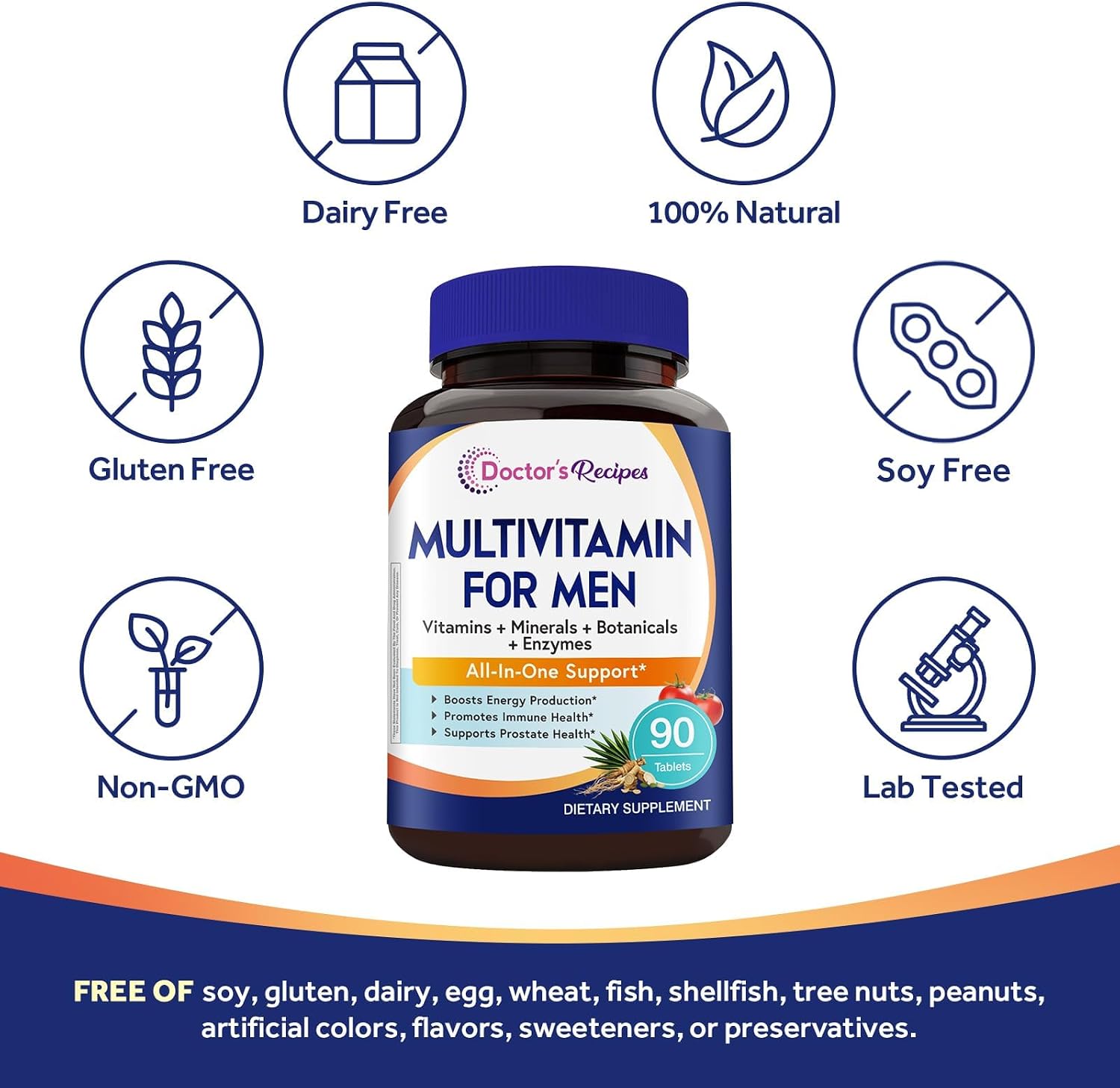 Doctor's Recipes Multivitamínico para Hombres, Complejo Diario Completo con Licopeno, Saw Palmetto, Vitaminas A, B6, B12, C, D, E, Zinc y Más, Salud del Corazón, Energía, Próstata e Inmunidad, 90 Comprimidos