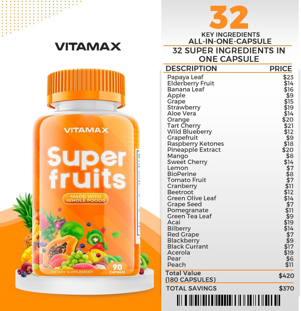 Vitamax Super Fruit and Vegetable – Suplemento de Frutas y Verduras Enteras – 180 Cápsulas – Sin Soja
