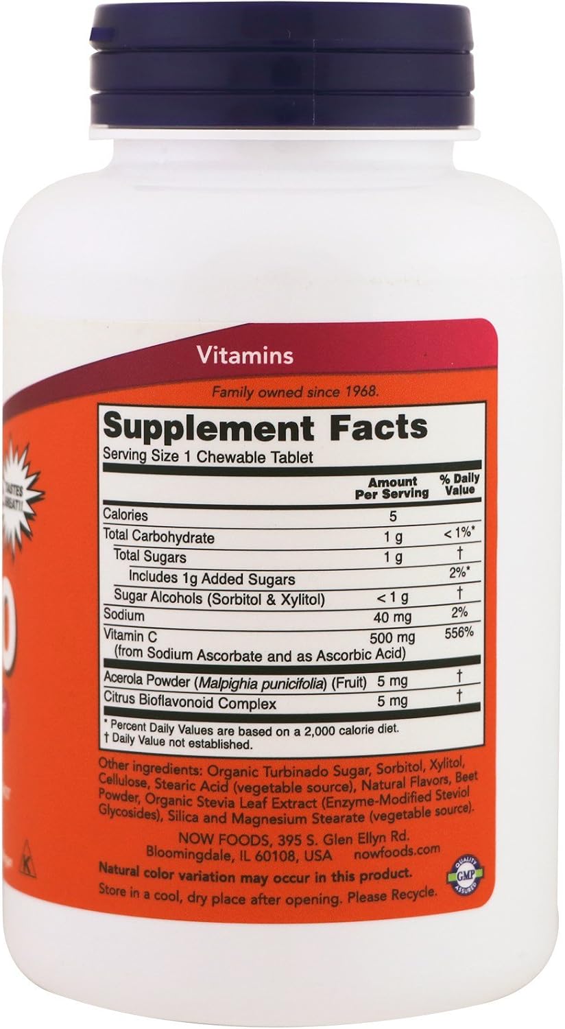 NOW Foods Vitamina C-500 Masticable, Sabor Cereza-Baya
