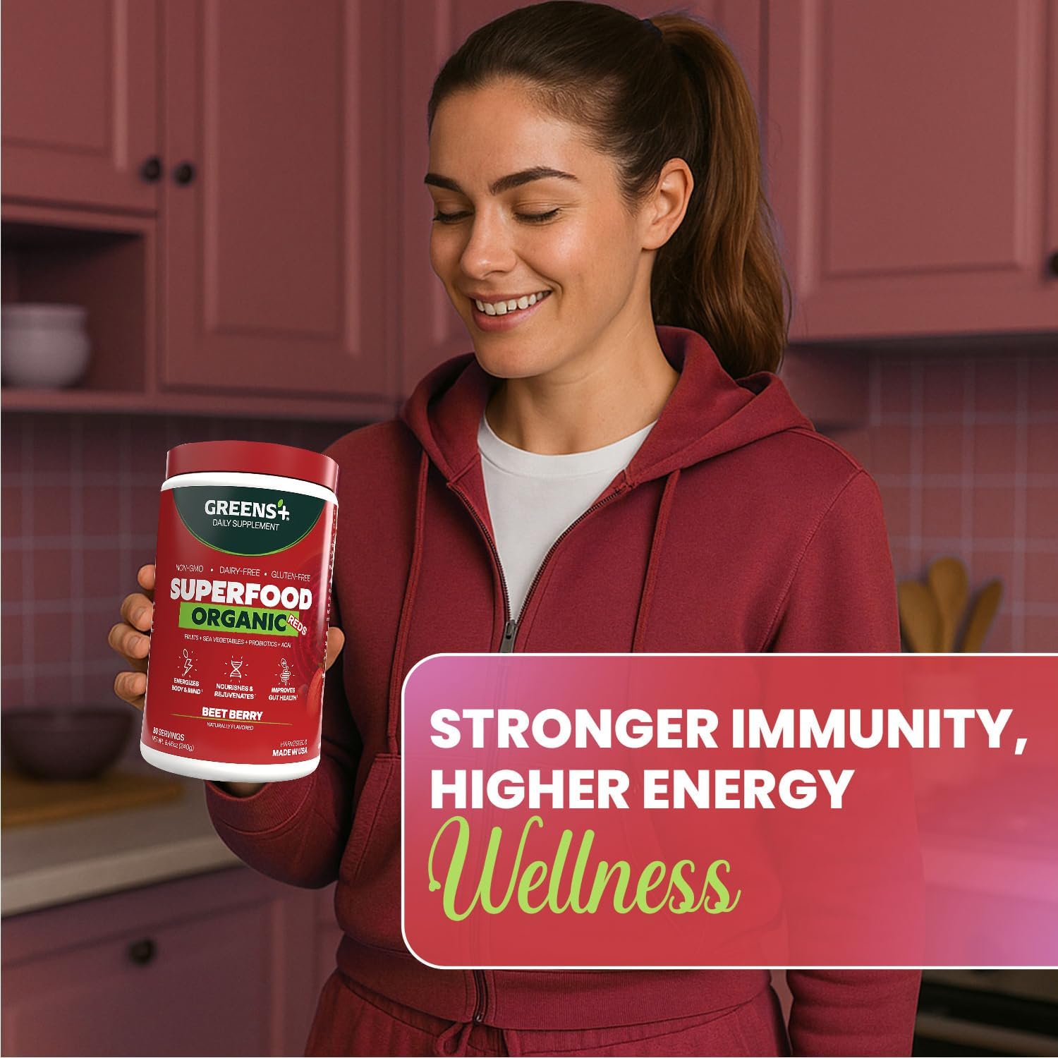 Greens+ Organic Reds Superfood Powder - Mezcla de Superalimentos Rojos Ecológicos, Antioxidantes, Vegano, Sin Gluten (240g)
