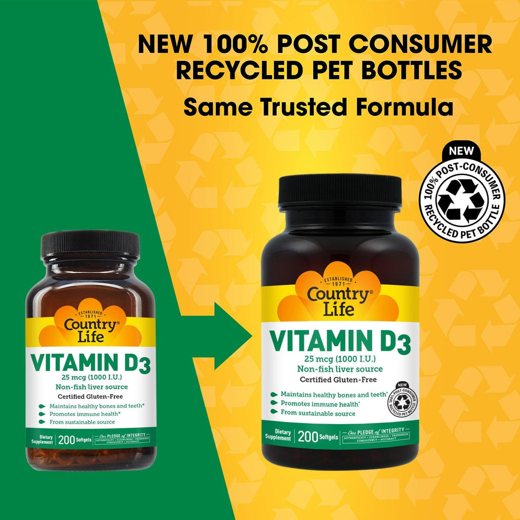 Country Life Vitamina D3 1000 UI (25 mcg) – 200 Cápsulas Blandas