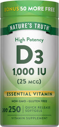 Nature's Truth Vitamina D3 1000 UI - 250 Cápsulas Blandas - Suplemento Esencial de Vitamina D - Sin OGM y Sin Gluten