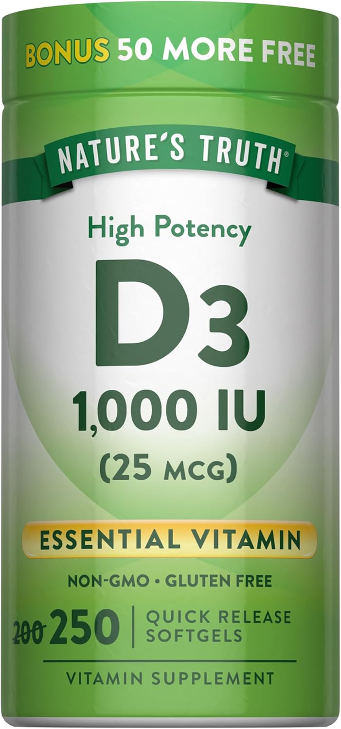 Nature's Truth Vitamina D3 1000 UI - 250 Cápsulas Blandas - Suplemento Esencial de Vitamina D - Sin OGM y Sin Gluten