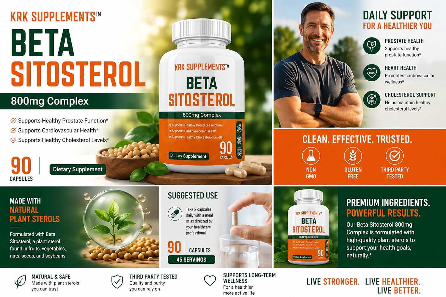 KRK SUPPLEMENTS Beta Sitosterol 800mg per serving, 180 Capsules (2 Bottles)