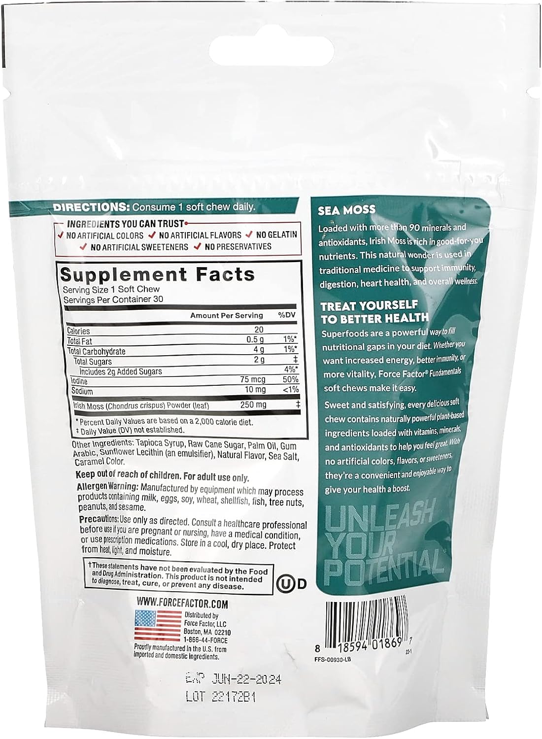 Force Factor Sea Moss Soft Chews - Complemento de musgo marino irlandés con antioxidantes, sabor a caramelo salado, 30 gomitas blandas