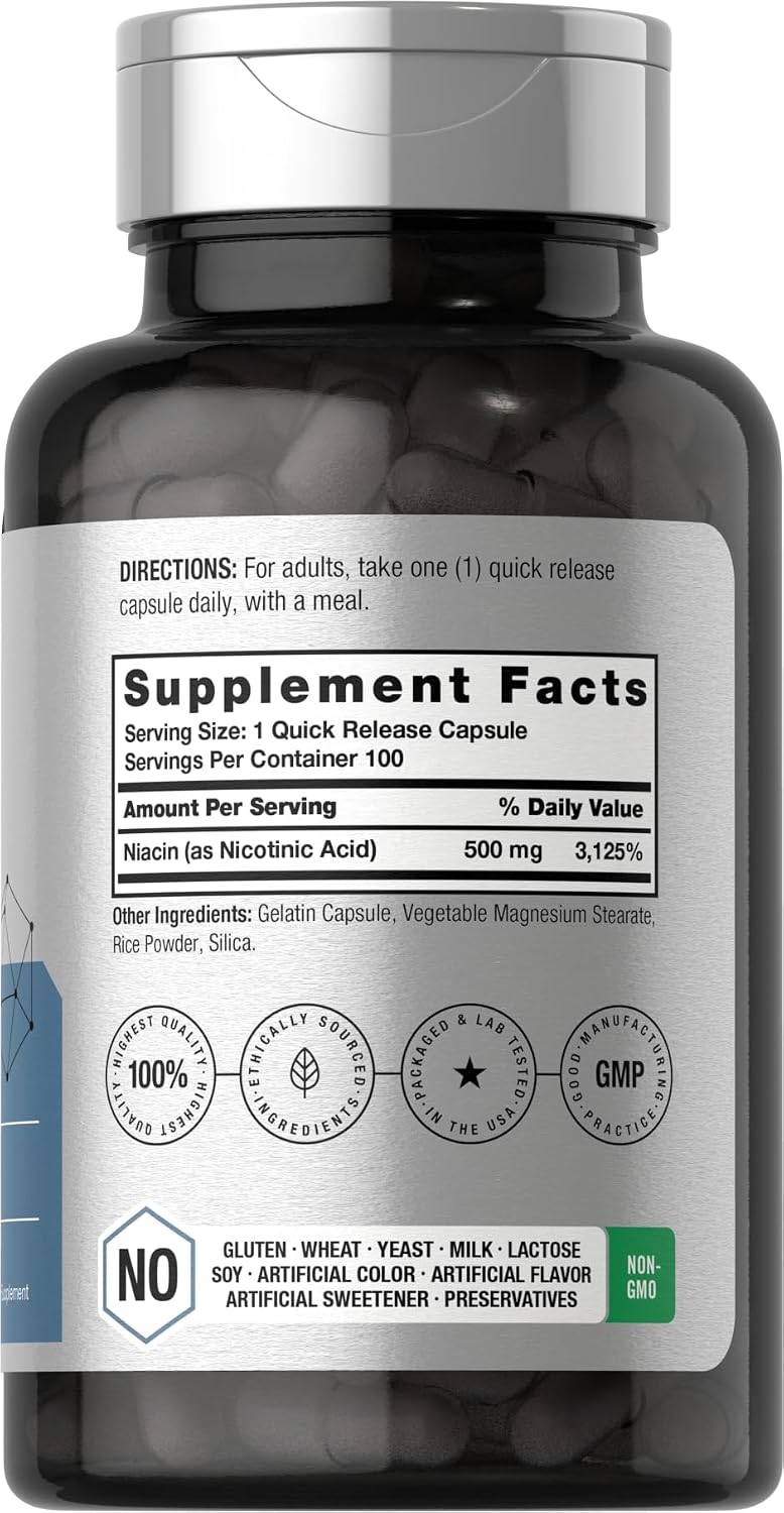 Horbäach Niacina | Vitamina B3 500mg | 100 Cápsulas | Con Flush | No OGM y Sin Gluten