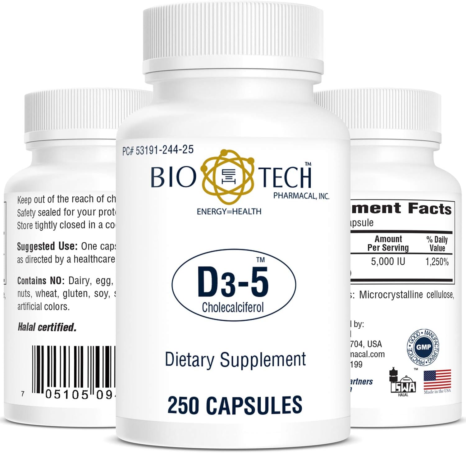 Bio-Tech Pharmacal Vitamina D3 (5000 UI, 250 Cápsulas Blandas)