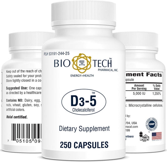 Bio-Tech Pharmacal Vitamina D3 (5000 UI, 250 Cápsulas Blandas)