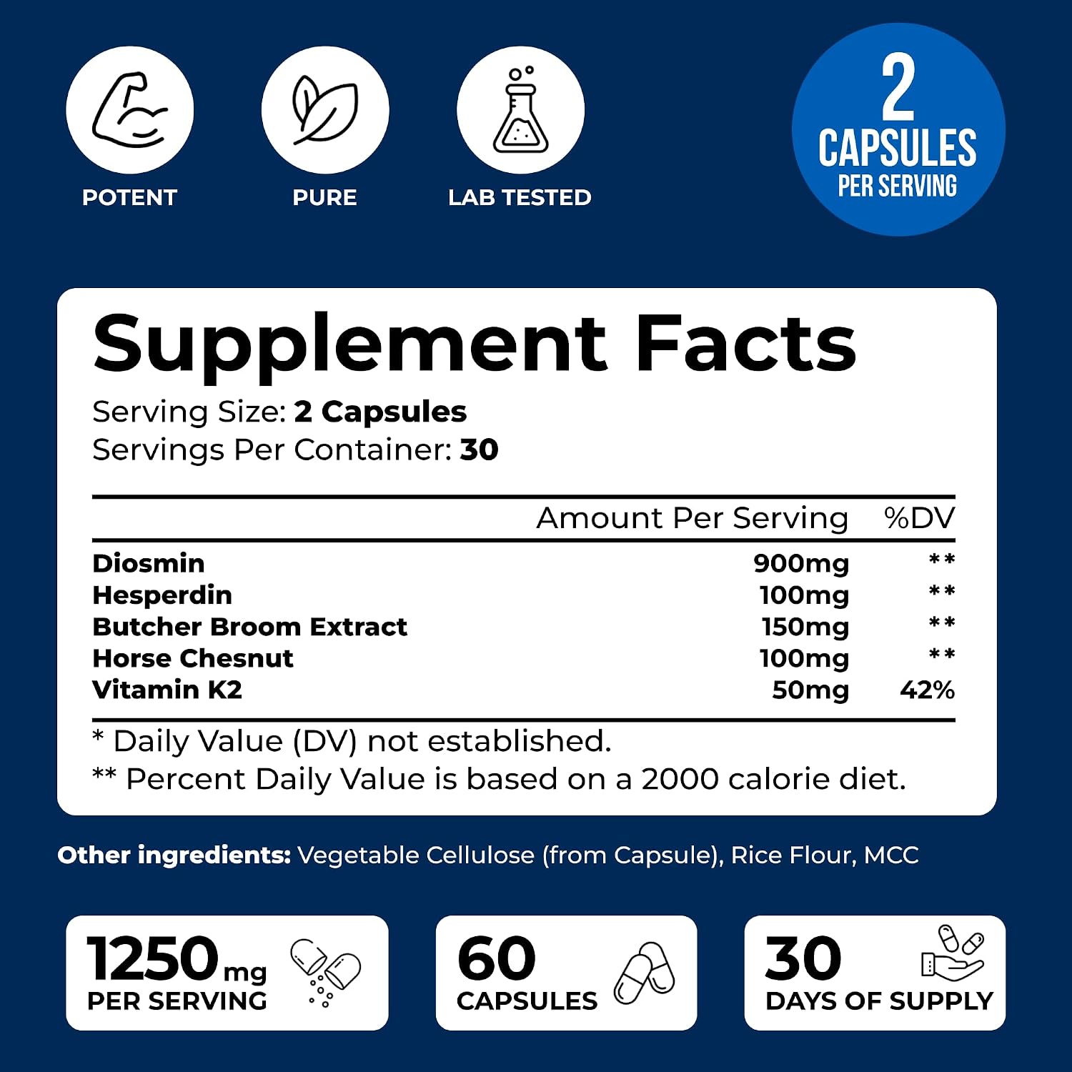Vein Vitality Complejo Diosmin Hesperidina 1250 mg con Castaño de Indias y Rusco - 60 Cápsulas