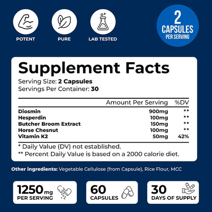 Vein Vitality Complejo Diosmin Hesperidina 1250 mg con Castaño de Indias y Rusco - 60 Cápsulas – Image 2