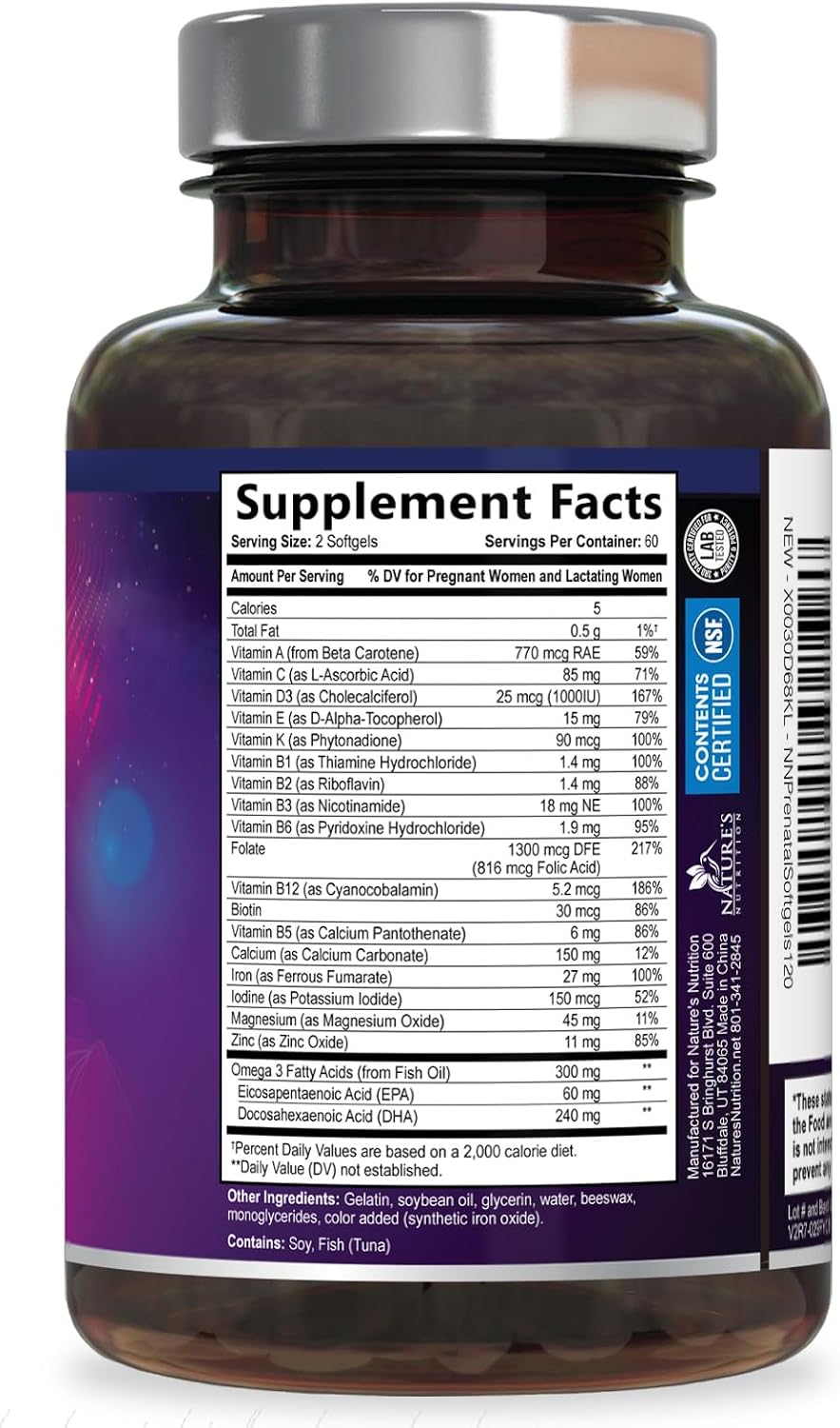 Vitaminas Prenatales con Ácido Fólico + Omega 3 DHA para el Desarrollo Fetal - 120 Cápsulas Blandas