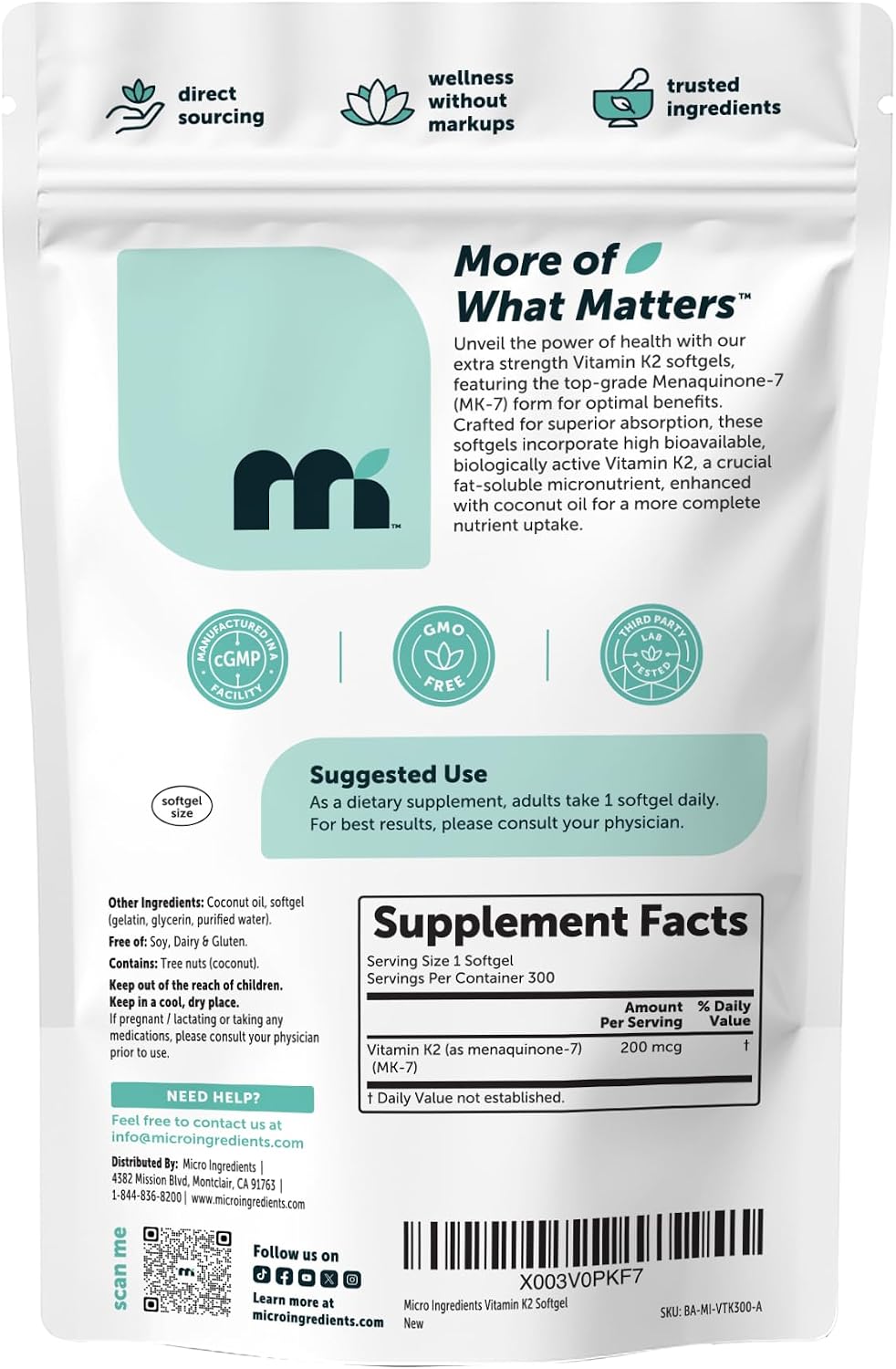 Micro Ingredients Vitamina K2 MK-7 200 mcg, 300 Cápsulas Blandas con Aceite de Coco
