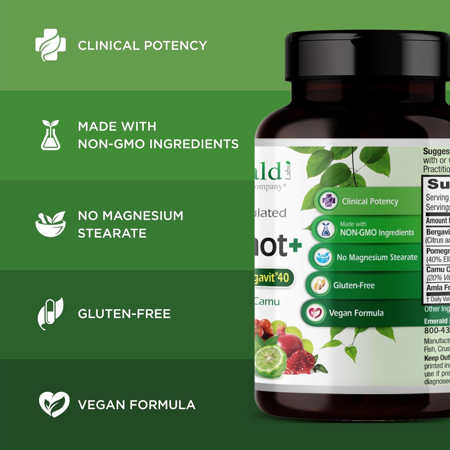 EMERALD LABS Bergamot+ - Complemento para el metabolismo y la salud cardiovascular con bergamota, granada, amla y camu camu - 60 cápsulas vegetales