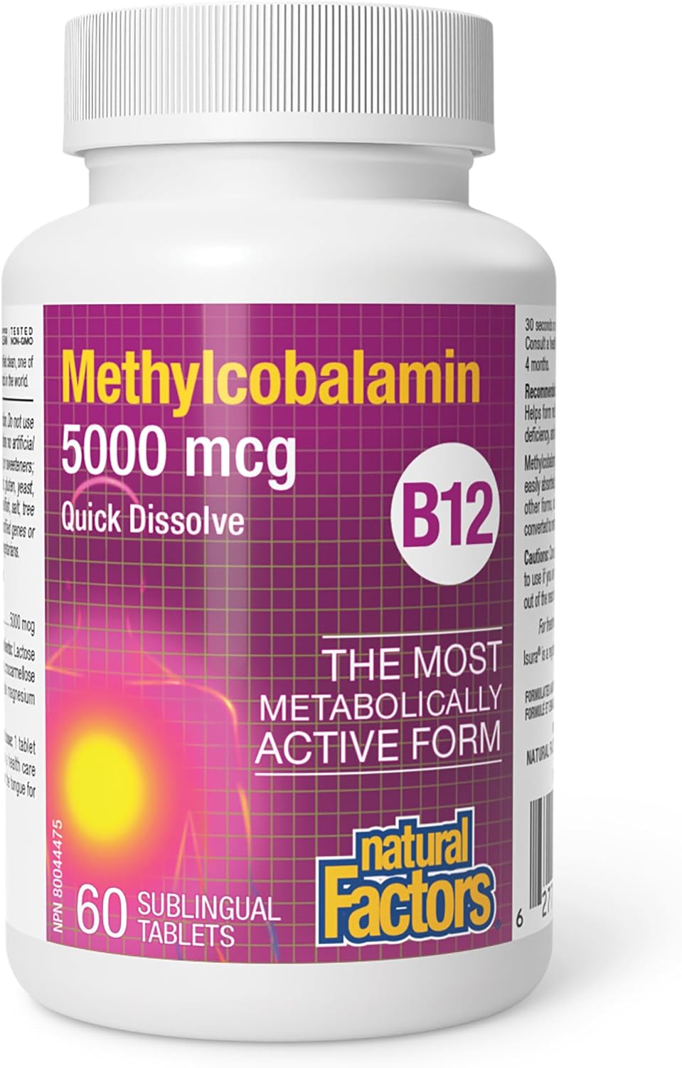 Natural Factors, Vitamina B12 Metilcobalamina 5000 mcg, Comprimidos Masticables, 60 unidades