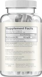 Vitamina B3 Nicotinamida 500 mg - Forma de alta absorción sin enrojecimiento - Precursor de NAD+ - 180 cápsulas