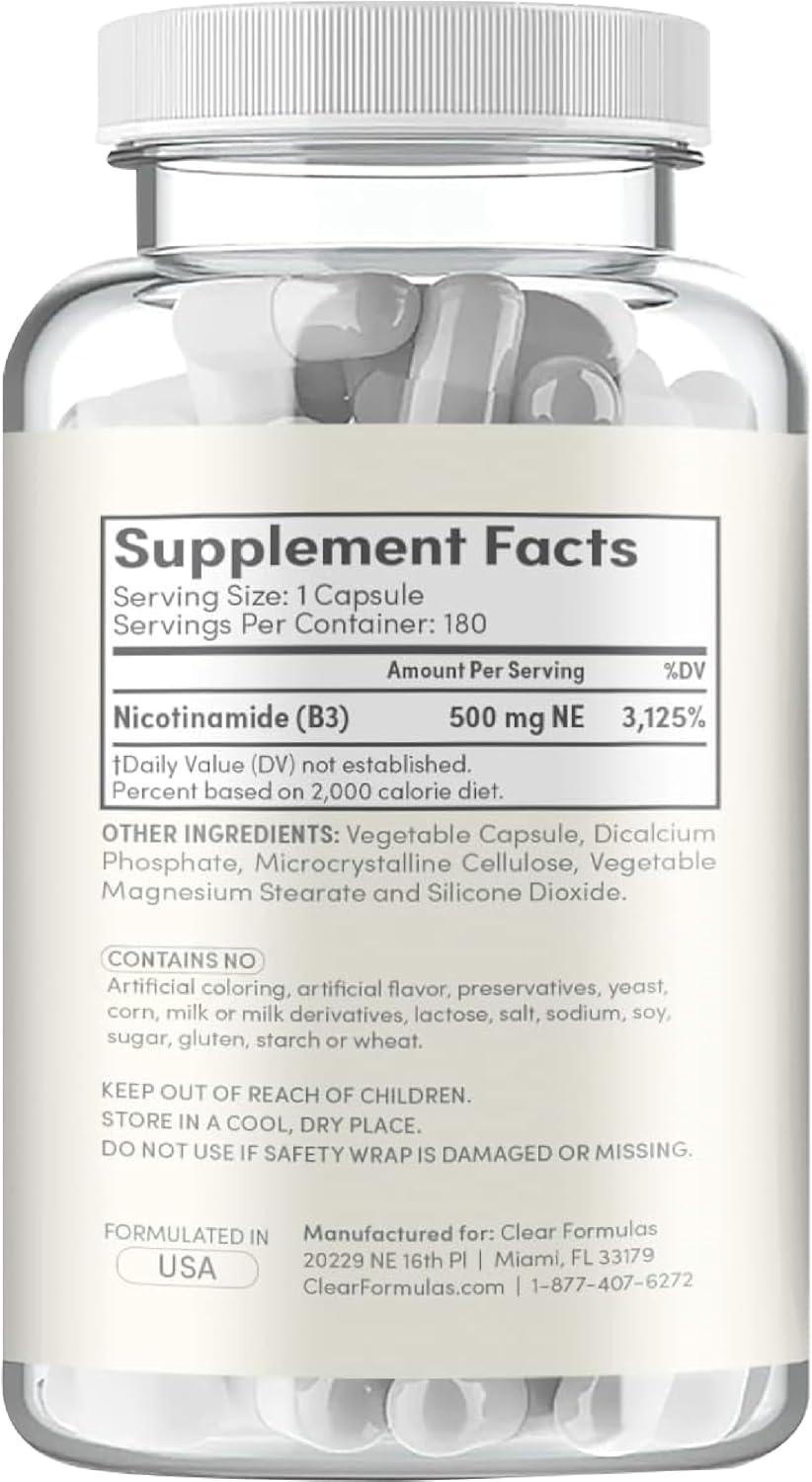 Vitamina B3 Nicotinamida 500 mg - Forma de alta absorción sin enrojecimiento - Precursor de NAD+ - 180 cápsulas