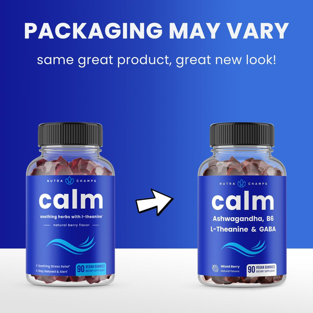 NutraChamps Calm Gummies, Gominolas para el Estrés con Ashwagandha, L-Teanina, GABA, Vitamina B6 y Melisa, Apoyo para el Estado de Ánimo, Concentración y Relajación, Sabor Natural a Baya, 90 Gominolas