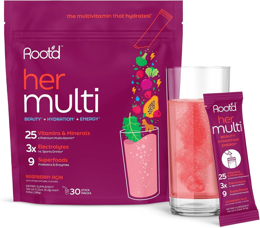 Root'd Multivitamínico en Polvo con 3X Electrolitos para Mujeres - 25 Vitaminas y Minerales, 9 Superalimentos Orgánicos, Probióticos y Enzimas | 24 Sobres