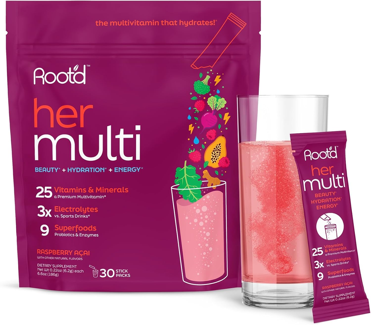 Root'd Multivitamin Powder for Women - 25 Vitaminas y Minerales con 3X Electrolitos, 9 Superalimentos Orgánicos, Probióticos y Enzimas, Sin Azúcar | 30 Sobres