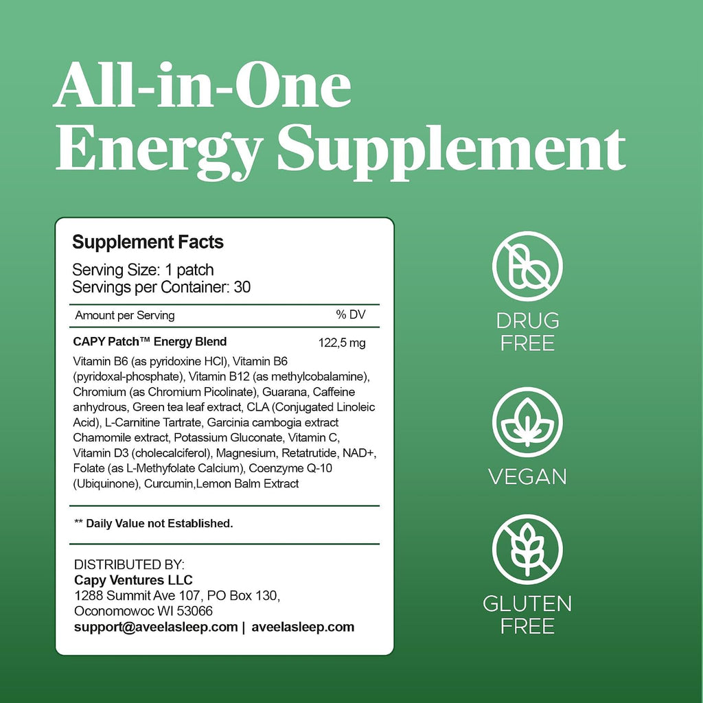 Parche de Energía B12 con Cafeína, Extracto de Té Verde y Guaraná (30 Parches) | Vitamina B6 y B3 para Enfoque y Energía | Refuerzo Vegetal de 12 Horas