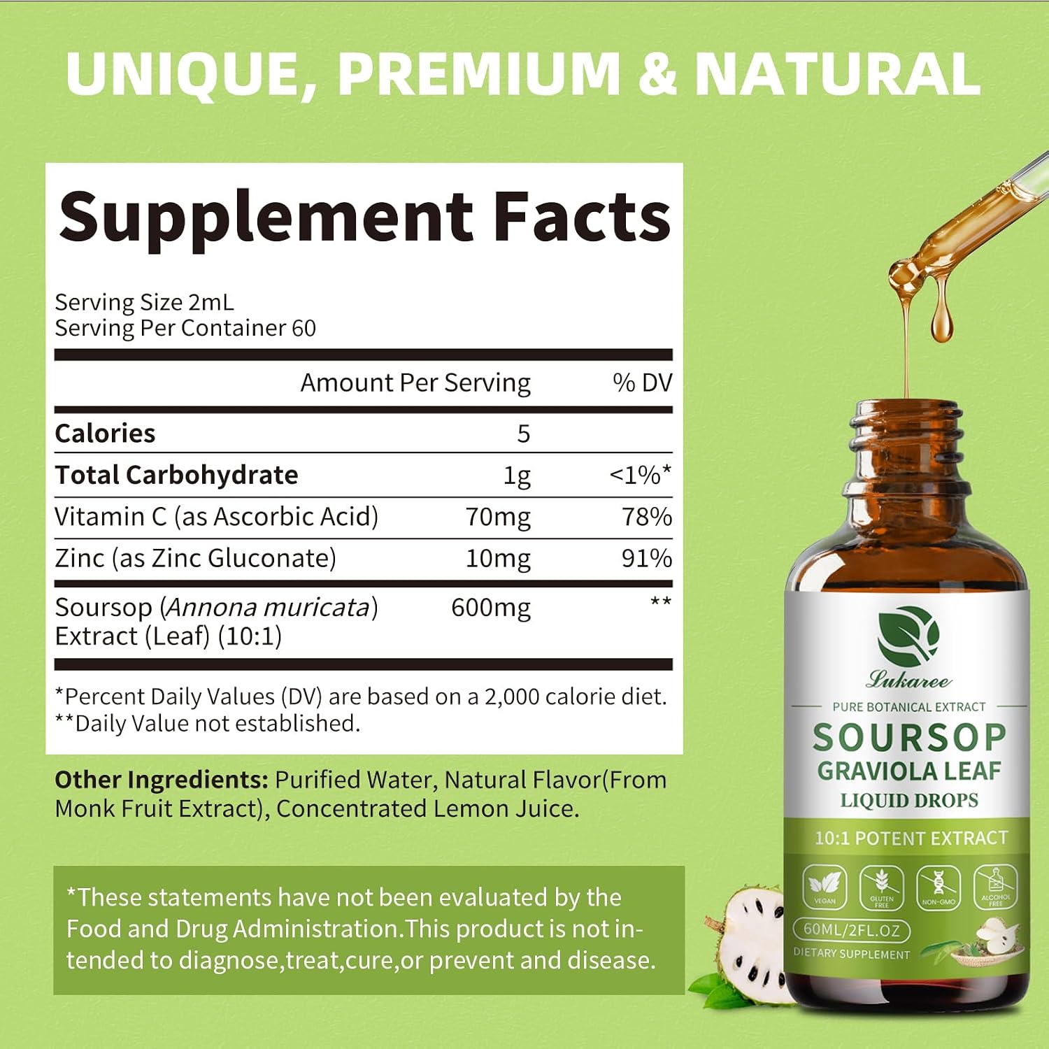Lukaree Extracto Puro de Hojas de Guanábana (Graviola) para Inmunidad, Salud Digestiva y Energía Natural – Líquido de Bitters de Guanábana con Extracto en Frío – Vegano | Sin Gluten | 2 x 60 ml