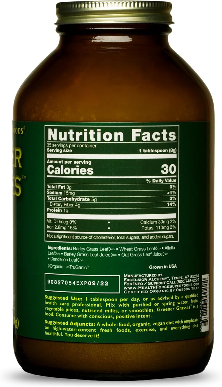 HealthForce SuperFoods Greener Grasses Alkalizer Powder - Polvo de Superalimento Verde Orgánico (284 g)