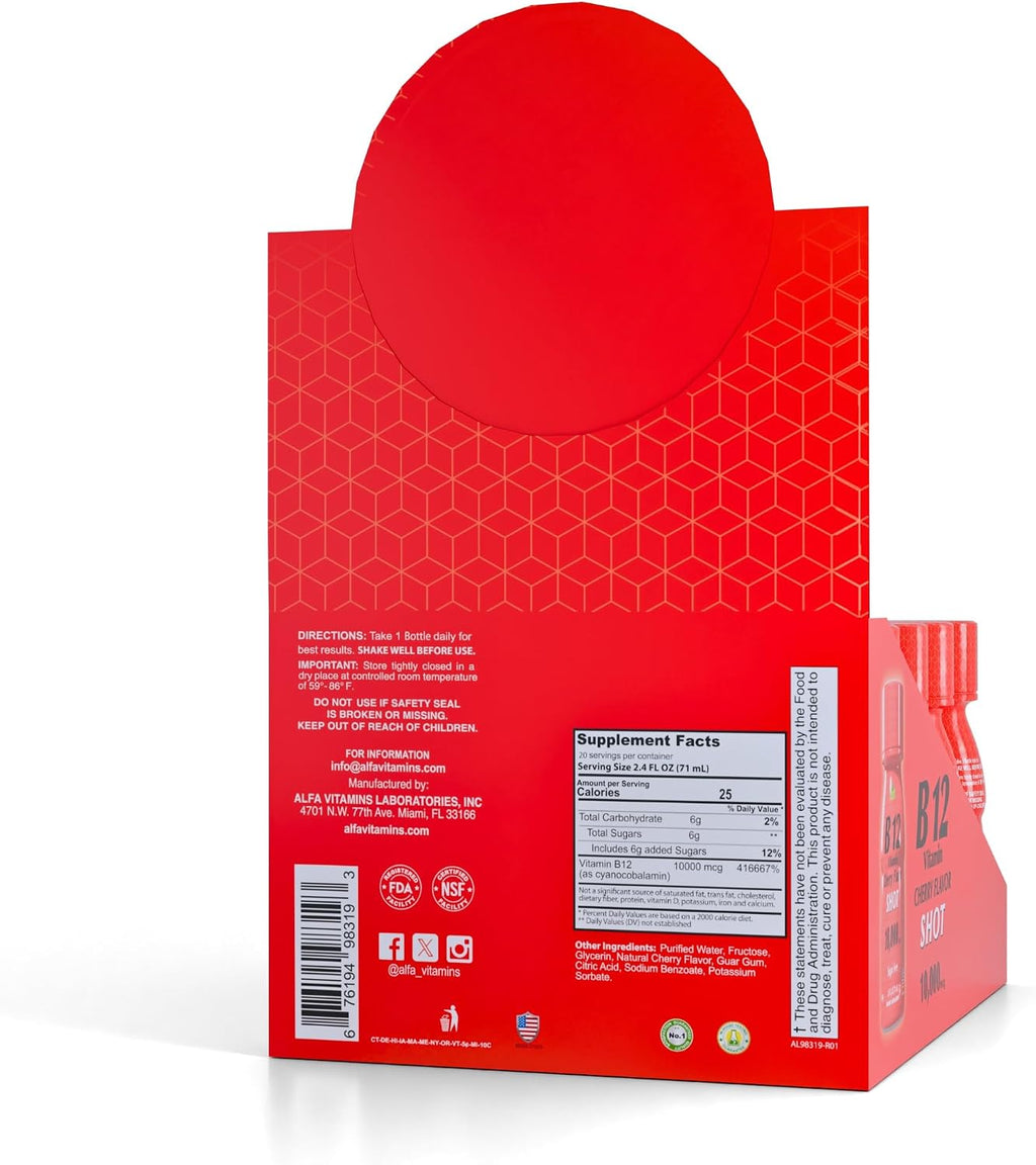 ALFA VITAMINS B12 Vitamin Shot 10000 mcg - Pack de 20 Viales - Sin Azúcar ni Cafeína