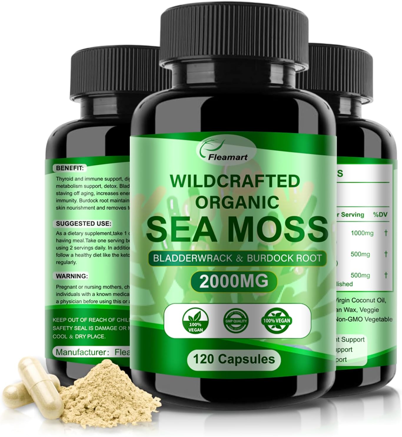 Cápsulas de Irish Sea Moss con Bladderwrack y Burdock Root - 120 Cápsulas (2 Envases) | Fleamart