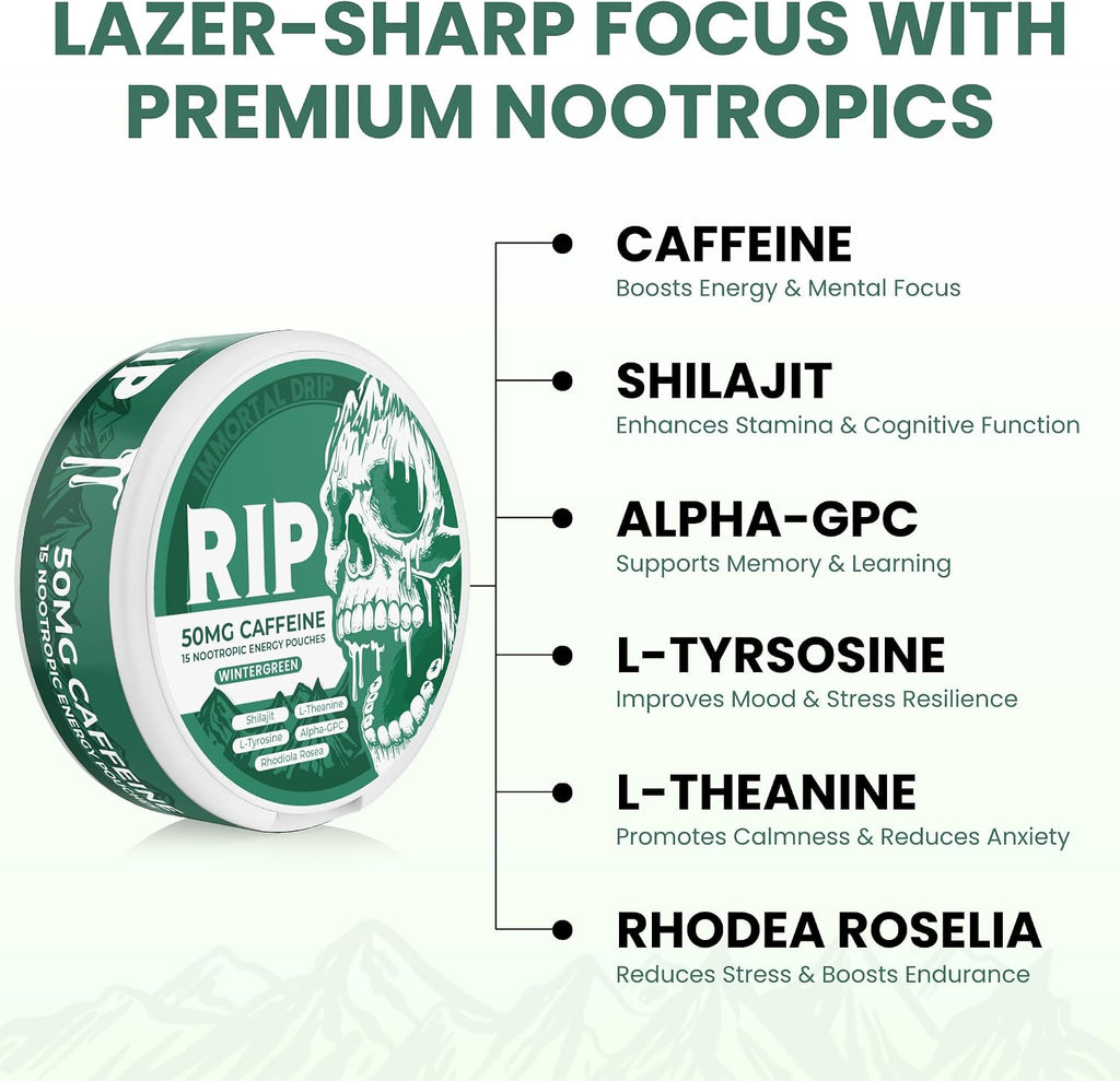 Immortal Drip RIP Bolsitas Nootrópicas de Energía (Wintergreen) – 5 Latas – 15 Bolsitas por Lata – Energía Limpia y Enfoque – 50mg Cafeína, Shilajit, Alpha-GPC, L-Tirosina, Rhodiola
