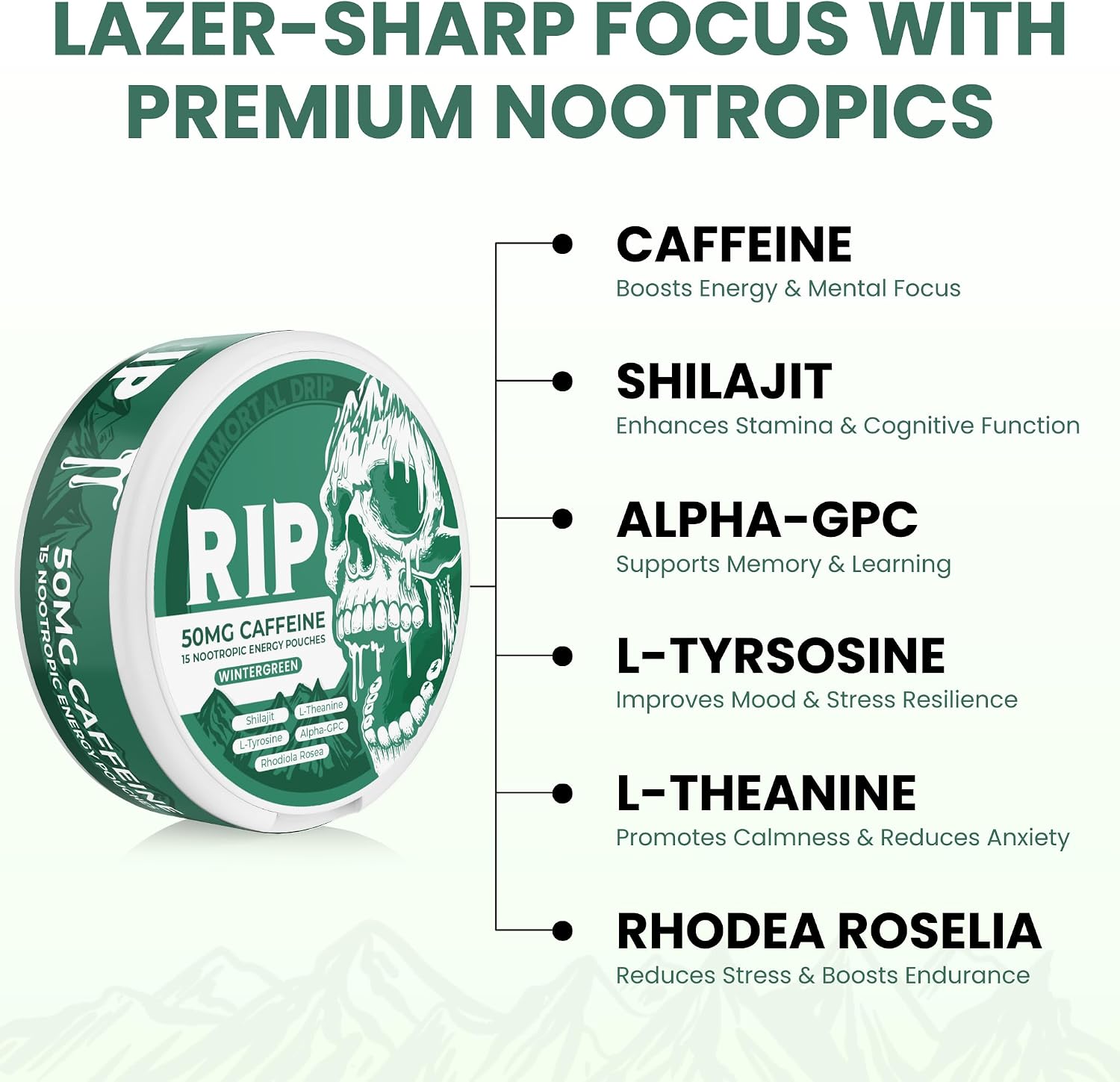 Immortal Drip RIP Bolsitas Nootrópicas de Energía (Wintergreen) – 5 Latas – 15 Bolsitas por Lata – Energía Limpia y Enfoque – 50mg Cafeína, Shilajit, Alpha-GPC, L-Tirosina, Rhodiola