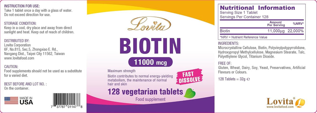 LOVITA Biotina 11000mcg - 384 Comprimidos Veganos de Disolución Rápida