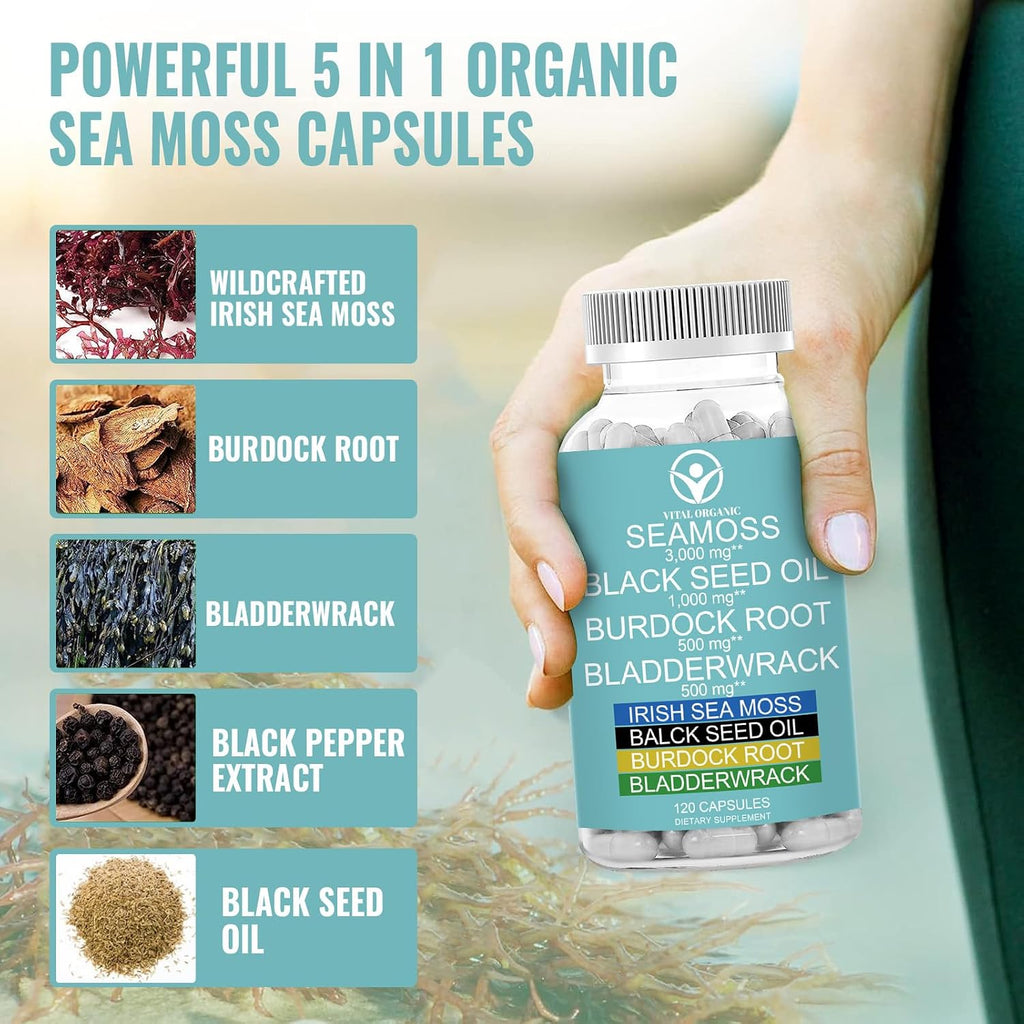 Cápsulas de Musgo Marino Orgánico 3000mg + Aceite de Semilla Negra 1000mg + Raíz de Bardana + Fucus - 120 Cápsulas Veganas