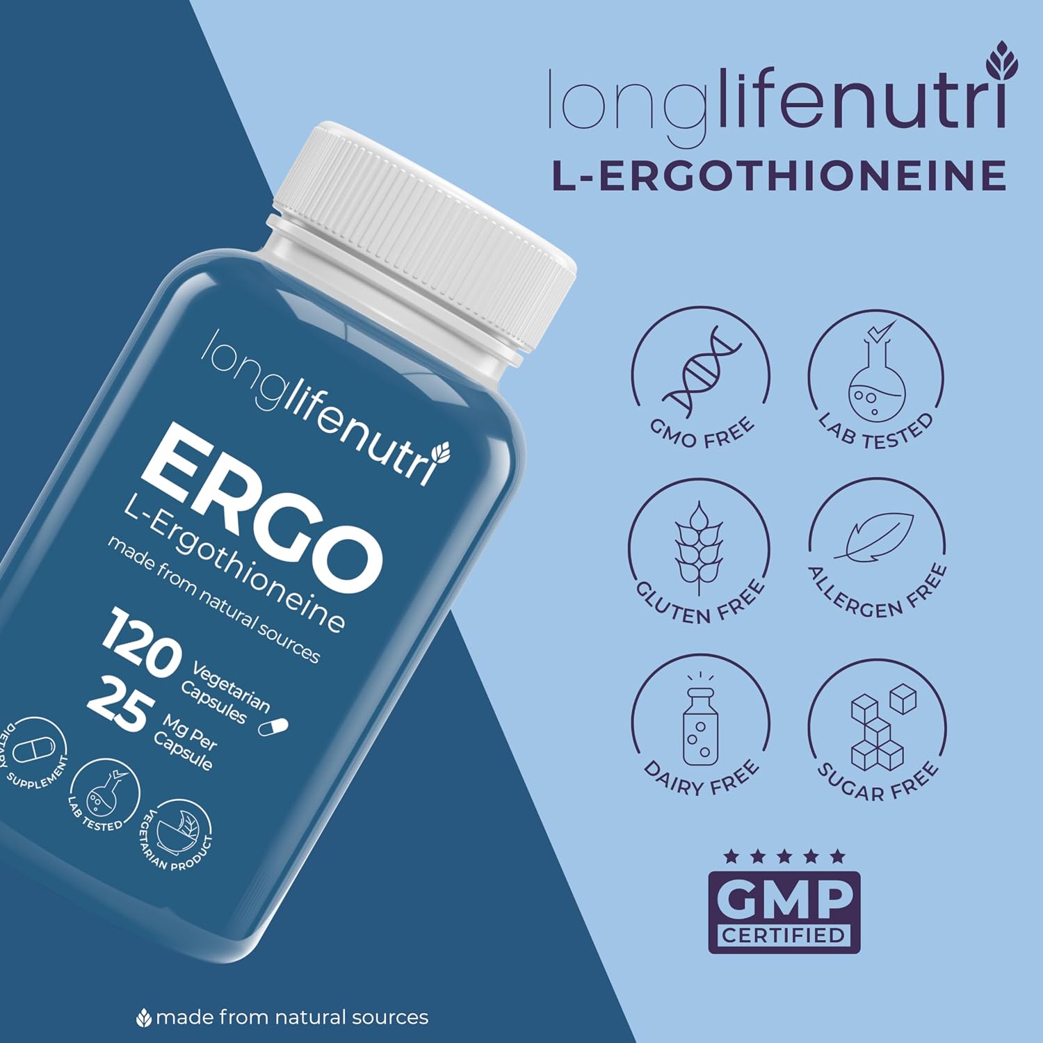 L-Ergothioneine 25mg - 120 Cápsulas Vegetarianas, Suministro para 4 Meses, Suplemento Antioxidante