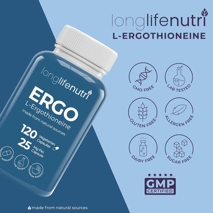 L-Ergothioneine 25mg - 120 Cápsulas Vegetarianas, Suministro para 4 Meses, Suplemento Antioxidante – Image 7