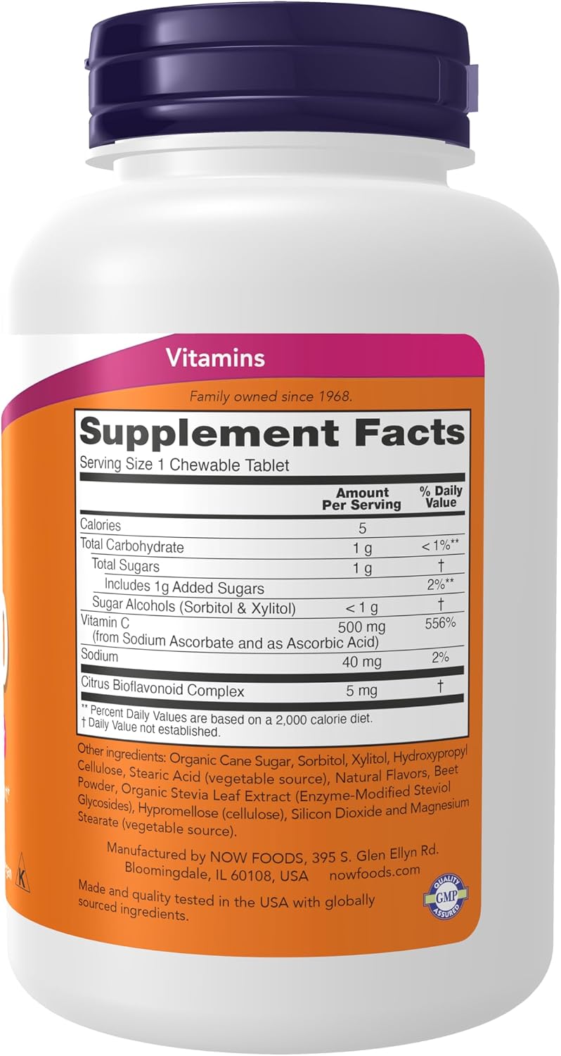 NOW Foods Vitamina C-500 Masticable, Sabor Cereza, 100 Comprimidos