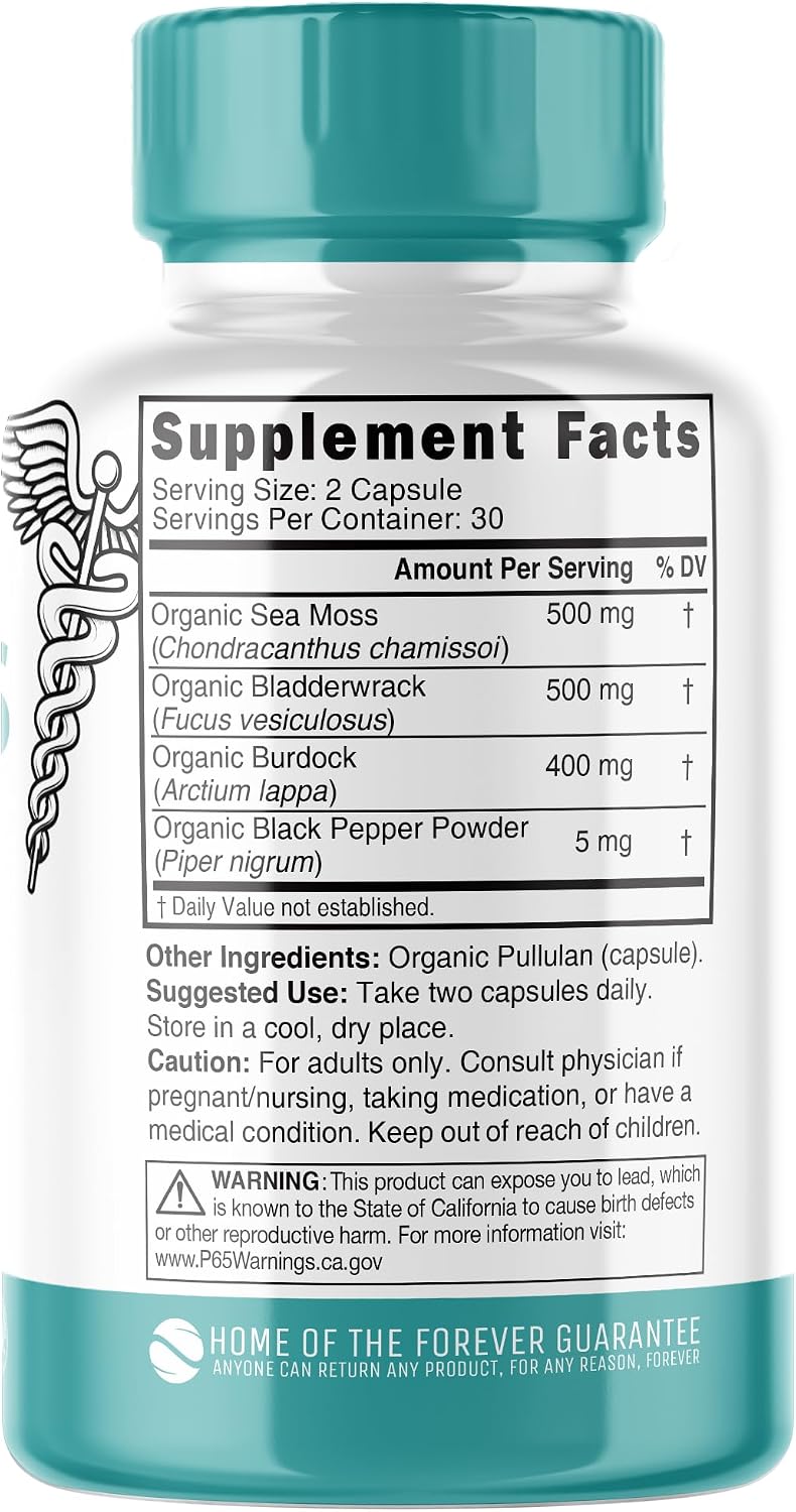 Nutri Certified Organic Sea Moss Capsules - Complejo de Musgo de Mar Orgánico, 1405mg, 60 Cápsulas