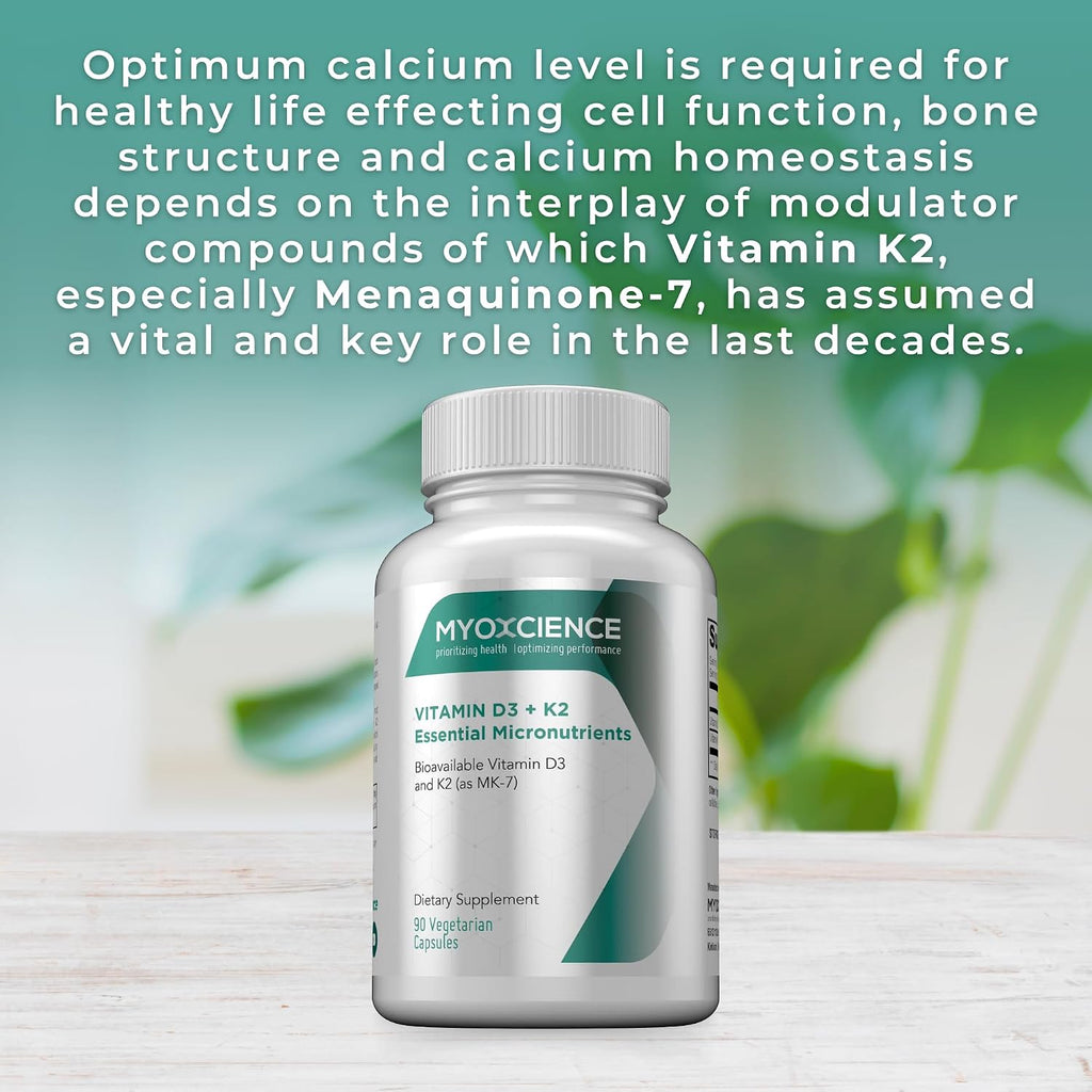 MYOXCIENCE Vitamina D3 + K2 Micronutrientes Esenciales | 6000 UI D3 + 150 mcg K2 MK-7 | 90 Cápsulas Vegetales