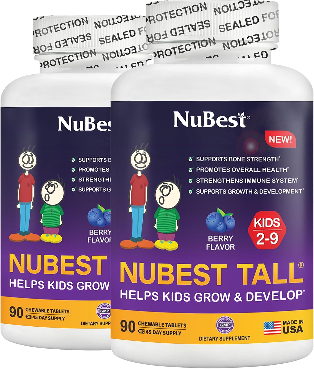 NuBest Tall Kids - Vitaminas masticables para niños de 2 a 9 años - 180 comprimidos con sabor a bayas (Pack de 2) - Apoyo al crecimiento y sistema inmunitario